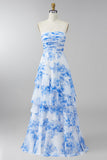 White Blue Floral Strapless Ruffled A Line Maxi Wedding Guest Dress