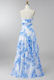 White Blue Floral Strapless Ruffled A Line Maxi Wedding Guest Dress