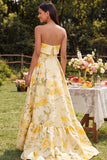Yellow Strapless A Line Ruffled High Low Wedding Guest Dress