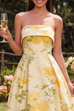 Yellow Strapless A Line Ruffled High Low Wedding Guest Dress