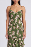 Dark Green Printed Ruffled Sheath Wedding Guest Dress