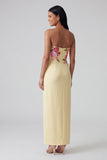 Strapless Light Yellow Printed Sheath Wedding Guest Dress