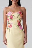 Strapless Light Yellow Printed Sheath Wedding Guest Dress