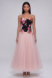 Black and Pink Floral Strapless A Line Tulle Wedding Guest Dress