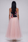 Black and Pink Floral Strapless A Line Tulle Wedding Guest Dress