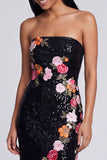 Sparkly Strapless Black Floral Bodycon Maxi Wedding Guest Dress