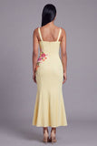 Floral Light Yellow Appliqued Mermaid Wedding Guest Dress