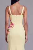Floral Light Yellow Appliqued Mermaid Wedding Guest Dress