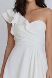 One Shoulder Ruffled Ruched Mini White Dress