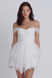 Off the Shoulder Corset A Line Tulle Mini White Dress