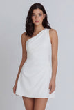 One Shoulder Ruched A Line Mini White Dress