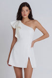 One Shoulder Ruffled A Line Mini White Dress with Slit