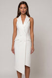 Halter Peaked Lapel White Bodycon Midi Work Dress