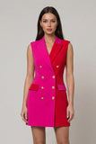 Peaked Lapel ColorBlock Fuchsia and Red Bodycon Mini Work Dress