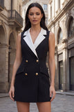 Notched Lapel Black Sleeveless Bodycon Work Dress