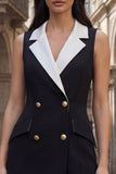 Notched Lapel Black Sleeveless Bodycon Work Dress