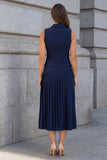 Shawl Lapel 2 Piece Pleated Navy A Line Midi Work Dress