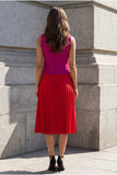 Colorblock 2 Piece Fuchsia and Red Pleated A Line Midi Work Dress