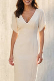 Ivory V Neck Pearled Bodycon Midi Work Dress with Slit