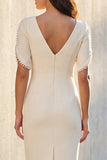 Ivory V Neck Pearled Bodycon Midi Work Dress with Slit