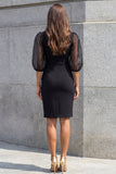 Shawl Lapel Black Bodycon Work Dress with 3/4 Sleeves