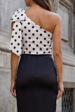 One Shoulder Bowed Black and White Polka Dot Bodycon Formal Dress