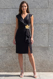 Black Appliqued Ruched Ruffled Bodycon Cocktail Dress