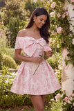 Pink Floral Off the Shoulder A Line Mini Wedding Guest Dress