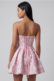 Strapless Pink Floral A Line Mini Wedding Guest Dress with Bow