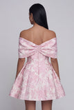 Off the Shoulder Bowed Pink Floral A Line Mini Wedding Guest Dress