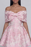 Off the Shoulder Bowed Pink Floral A Line Mini Wedding Guest Dress