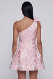 Bowed One Shoulder Pink Floral A Line Mini Wedding Guest Dress