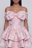 Tiered Bowed Off the Shoulder Pink Floral Mini Wedding Guest Dress