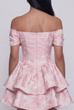 Tiered Bowed Off the Shoulder Pink Floral Mini Wedding Guest Dress