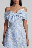 Bowed Off the Shoulder Blue Floral Mini Wedding Guest Dress
