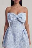 Bowed Blue Floral Strapless Mini Wedding Guest Dress