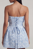 Bowed Blue Floral Strapless Mini Wedding Guest Dress