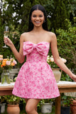 Floral Strapless Fuchsia A Line Mini Homecoming Dress with Bow