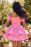 Off the Shoulder Bowed Floral Tiered Fuchsia Mini Homecoming Dress