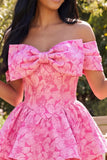 Off the Shoulder Bowed Floral Tiered Fuchsia Mini Homecoming Dress