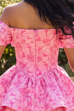 Off the Shoulder Bowed Floral Tiered Fuchsia Mini Homecoming Dress