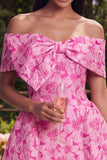 Off the Shoulder Bowed Fuchsia Floral A Line Mini Homecoming Dress