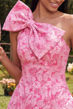 One Shoulder Floral A Line Fuchsia Mini Homecoming Dress with Bow