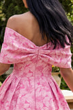 Fuchsia Off the Shoulder Pleated Floral A Line Mini Homecoming Dress