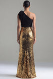 Sequin One Shoulder Bowed Mermaid Black and Gold Formal Dress