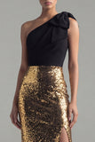 Sequin One Shoulder Bowed Mermaid Black and Gold Formal Dress
