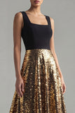 Sparkly A Line Square Neck Black and Gold Evening Dress