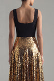 Sparkly A Line Square Neck Black and Gold Evening Dress
