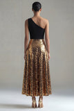 One Shoulder Sequin Colorblock A Line Black and Gold Formal Dress