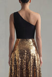 One Shoulder Sequin Colorblock A Line Black and Gold Formal Dress